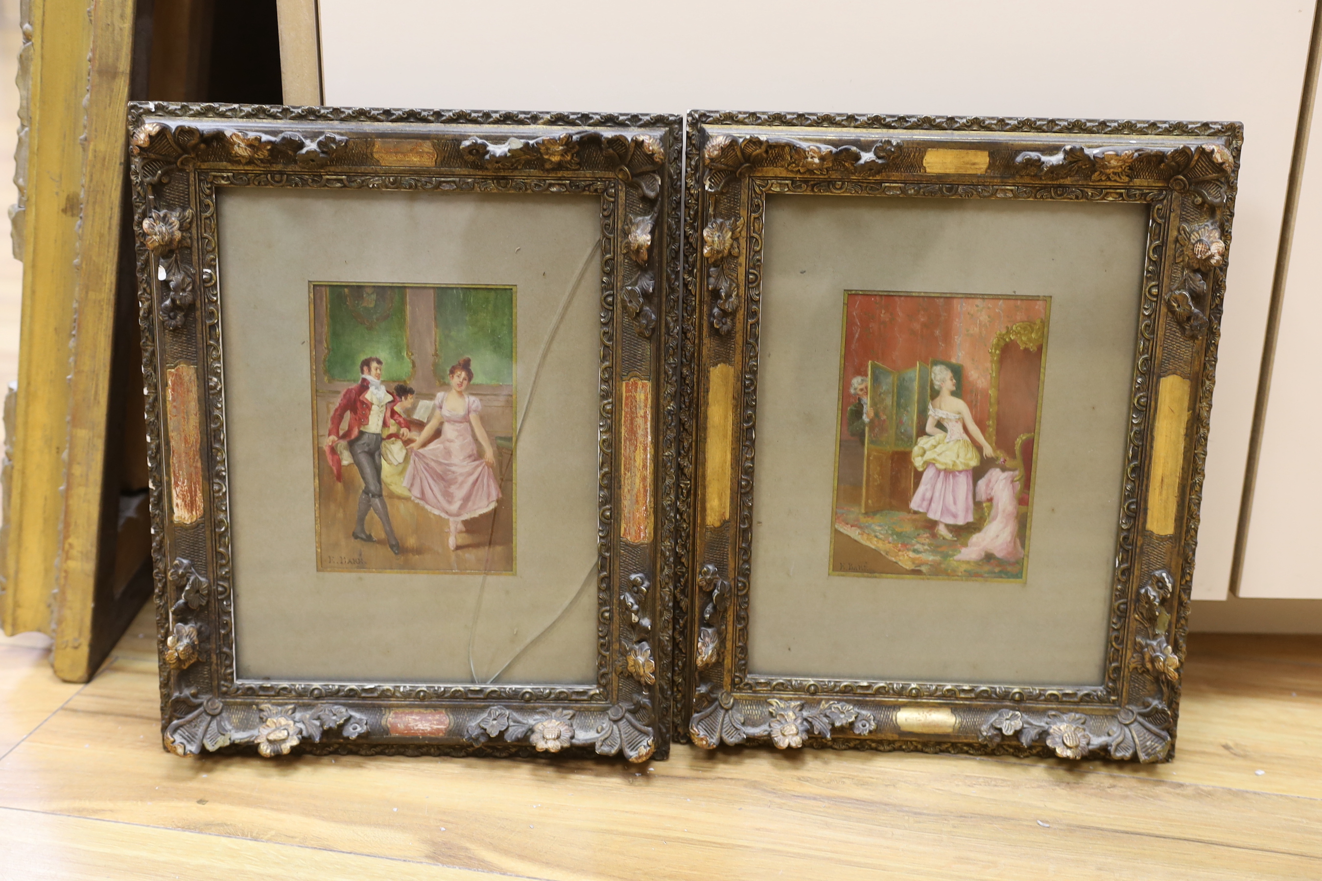 K. Baré, pair of oils on board, Figures dancing and Lady dis-robing, signed, possibly overpainted prints, 15 x 10cm